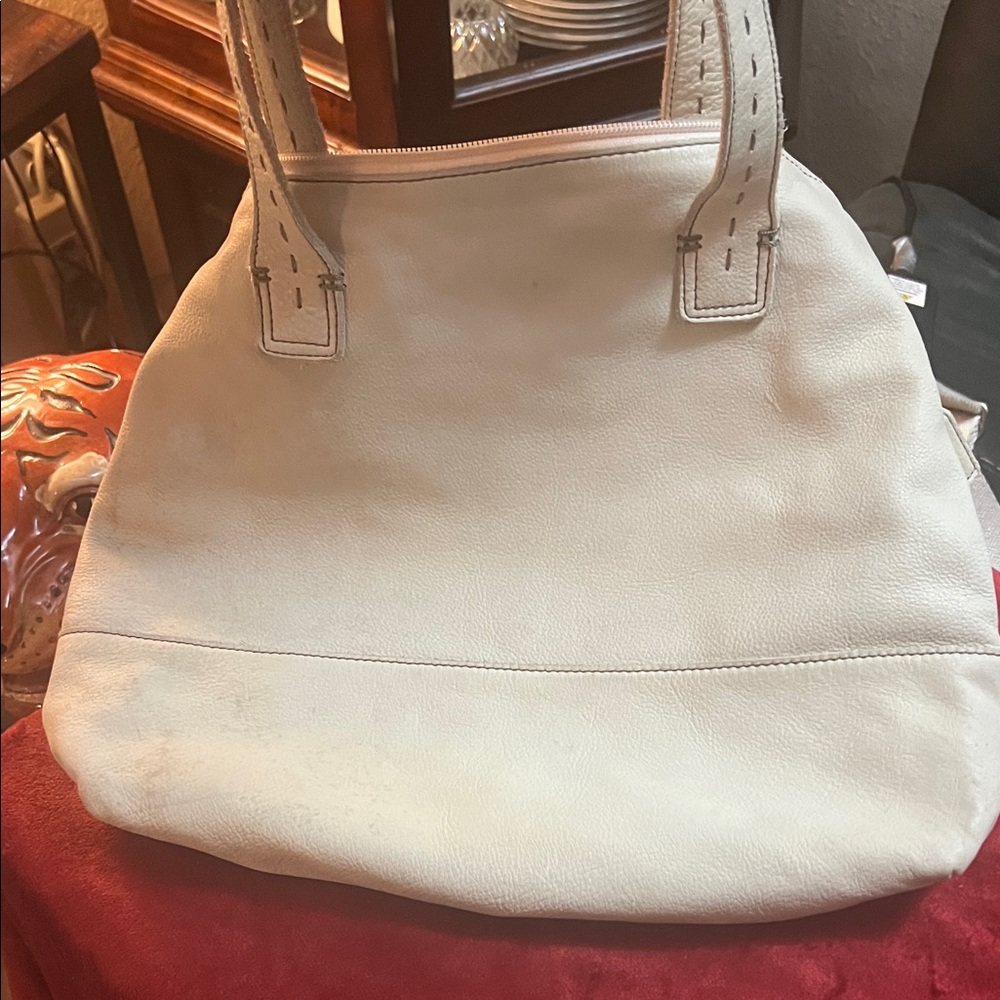 White Leather Tote with Stitched Handles hobo